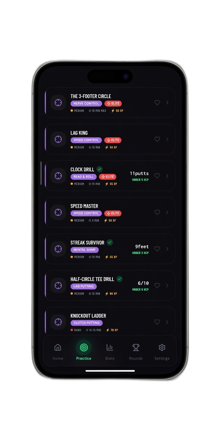 Putting drills list with scores and progress